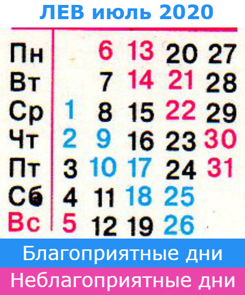 лев: благоприятные дни июль 2020