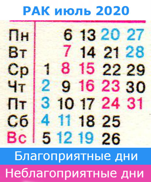 рак: благоприятные дни июль 2020