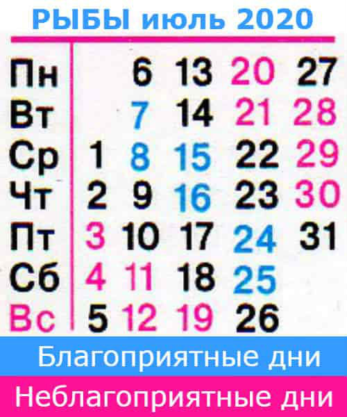 рыбы: благоприятные дни июль 2020