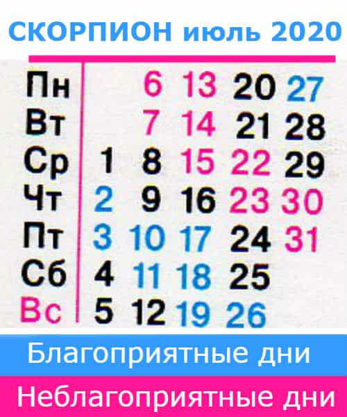 скорпион: благоприятные дни июль 2020