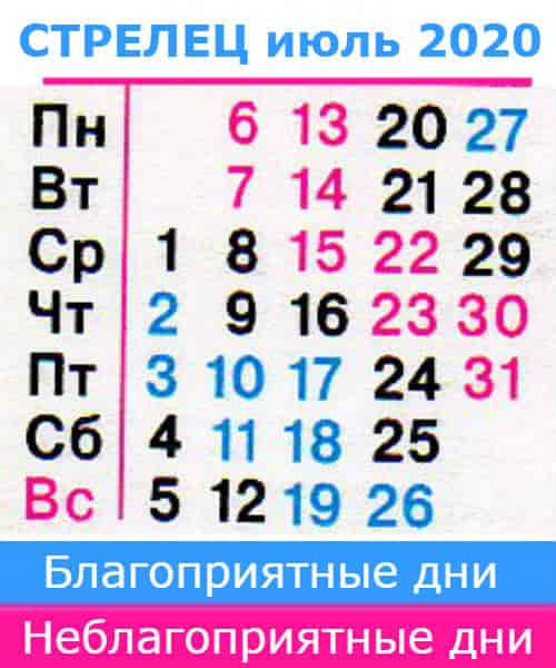 стрелец: благоприятные дни июль 2020