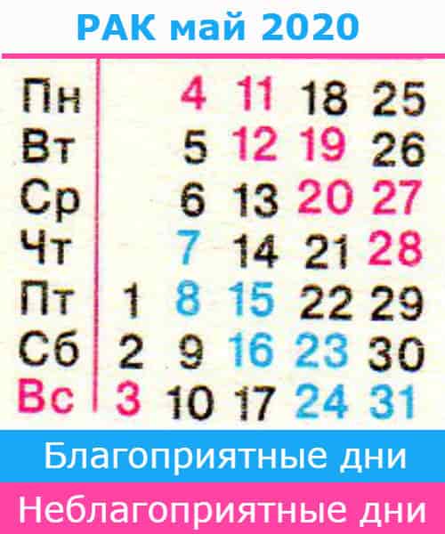 рак: благоприятные дни май 2020