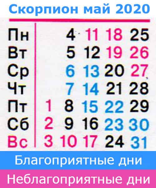 скорпион: благоприятные дни май 2020