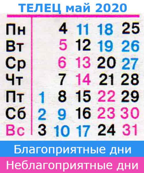 телец: благоприятные дни май 2020