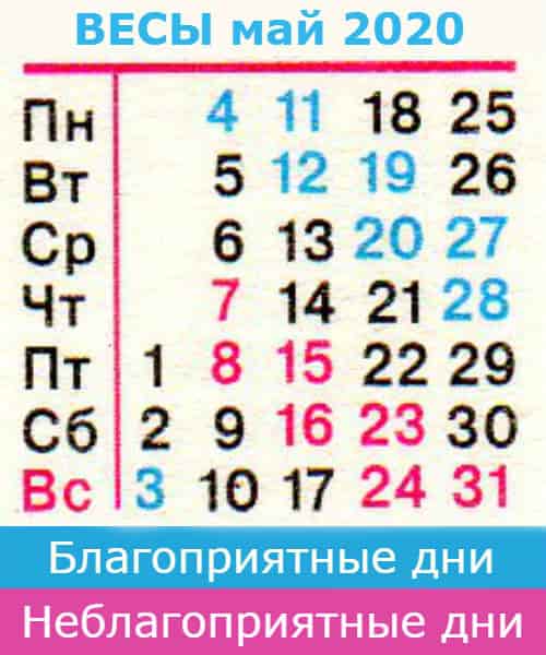весы: благоприятные дни май 2020